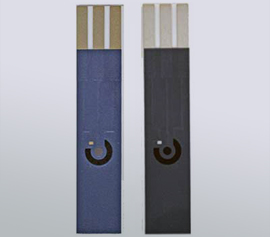 Elektrochemische Einwegsensoren mit 12 mm2 Arbeitselektrode (Pt, C), 30 mm2 Gegenelektrode (C) und 0.6 mm2 Referenzelektrode (Ag/AgCl-Paste)