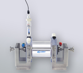 Symmetrische Messzelle für galvanische Korrosion oder elektrochemisches Rauschen ohne Heiz-/Kühlmantel mit der Einspannvorrichtung und Kontaktierungsvorrichtung für die Arbeitselektrode auf der linken Seite und der Gegenelektrode aus Graphit bzw. einer zweiten Metallprobe auf der rechten Seite