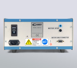 Ein Notfall-Triggersignal kann vom angeschlossenen Potentiostaten über einen Eingang an der Rückseite der Steuereinheit (Motor Stop) die Umdrehung des Rotators unverzüglich stoppen