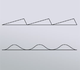 Schematische Darstellung von geritztem Gitter (oben) und holographischem Gitter (unten)