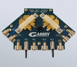 Gamry Batterie-Halterungen mit niedriger Induktivität für zwei Knopfzellen der Typen CR2016, CR2025 und CR2032 mit echter 4-Punkt Kelvin-Kontaktierung optional in Serie